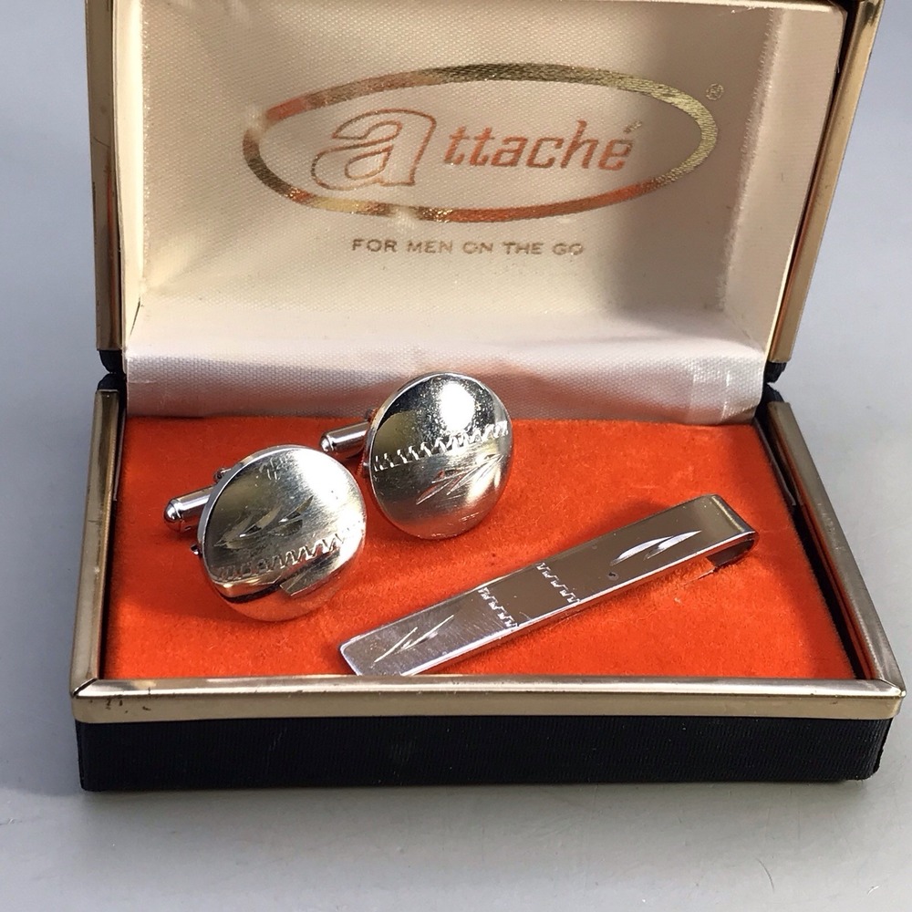 VTG Attaché‎ Cuff Links And Tie Clip Silver Tone In Box